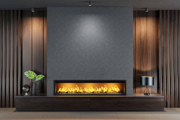 istock Modern minimalist living area with fireplace 1717290353