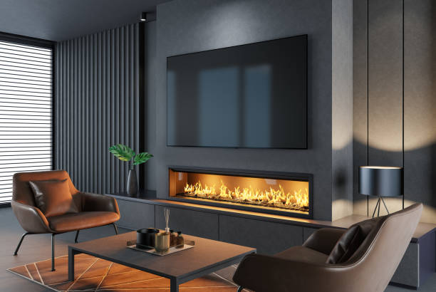 istock Modern minimalist living area with fireplace and 8k TV 1717290904