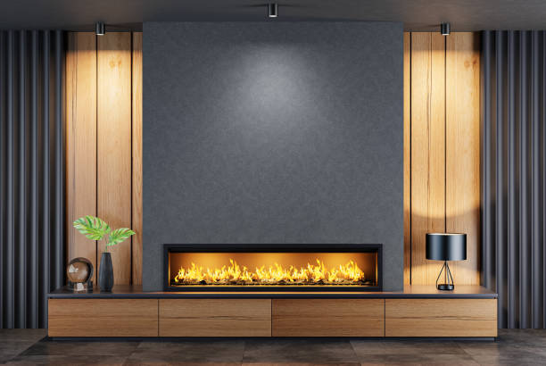 istock Modern minimalist living area with fireplace 1717290912