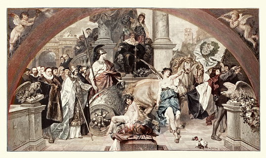Vintage illustration after Entry of Pallas Athene by Ferdinand Keller, Heidelberg, German Art History 1890s 19th Century