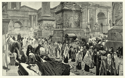 Vintage illustration Ancient Rome during the plague of Justinian or Justinianic plague, a bubonic plague epidemic, after the painting by Adolf Hirémy-Hirschl