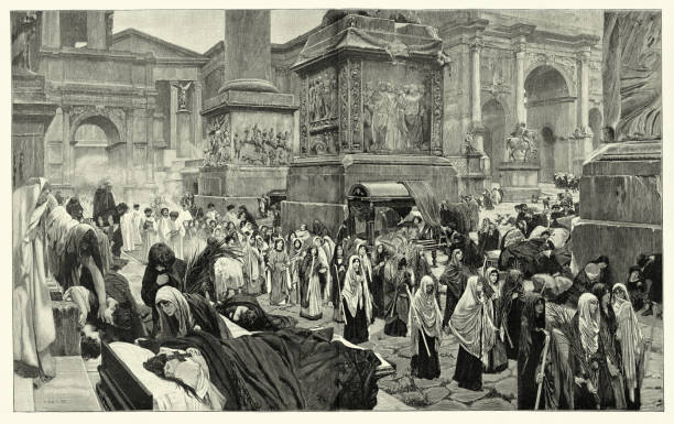 History, Ancient Rome during the plague of Justinian or Justinianic plague, a bubonic plague epidemic Vintage illustration Ancient Rome during the plague of Justinian or Justinianic plague, a bubonic plague epidemic, after the painting by Adolf Hirémy-Hirschl epidemic stock illustrations