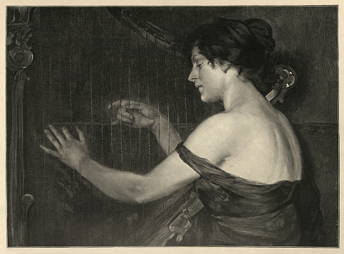 Vintage illustration Young woman playing a ballad on a Grand harp, after the painting by Elise Goebeler