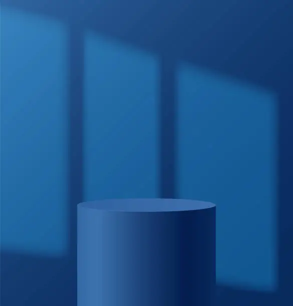 Vector illustration of Light podium with shadow from window on wall. Abstract empty room with blue color cylinder stand pedestal. Vector stage for showcase, display presentation. Studio room concept