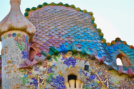 Barcelona, Spain: 09/25/2023- Low angle view of Casa Batllo building of Antoni Gaudi in Barcelona, Spain.