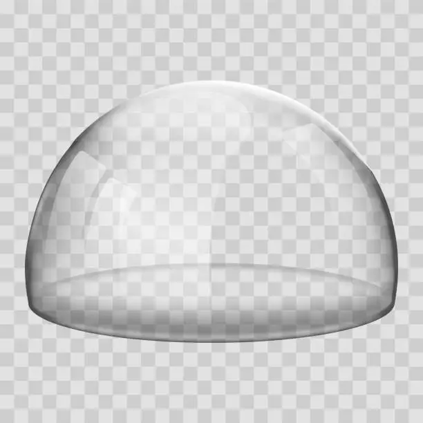 Vector illustration of Glass dome. 3D Realistic spherical kitchen utensils, laboratory or exhibition case. Vector isolated glossy shape of showcase safety on transparent background