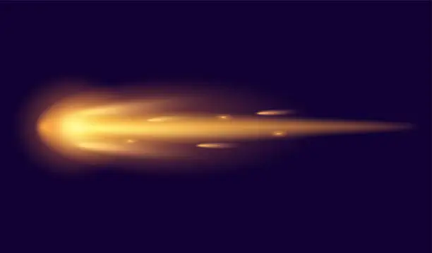 Vector illustration of Meteor or comet. Neon space flying meteorite or asteroid, realistic vector illustration. Meteor fire trails isolated. Fireball glowing gas and dust tails at night sky