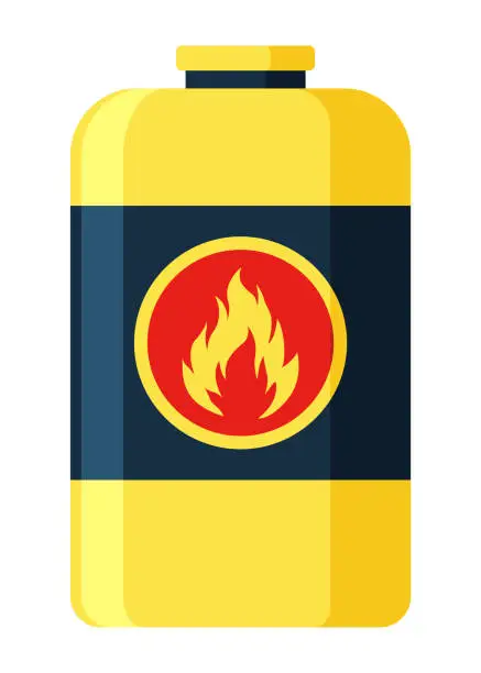 Vector illustration of Toxic chemical barrel. Steel tank with dangerous waste. Container with flame icon in flat style. Dangerous substance. Storage of oil components