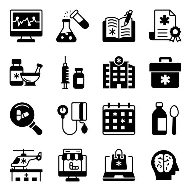 Vector illustration of Pack of Medical Accessories Solid Icons