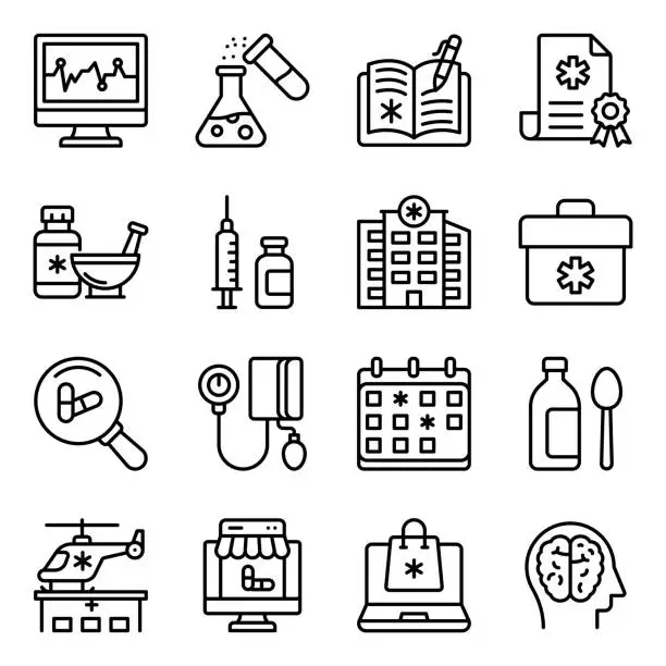 Vector illustration of Pack of Medical Accessories line Icons