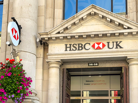 Cardiff, Wales - 15 September, 2023: Entrance to the HSBC bank on Queen Street in Cardiff city centre