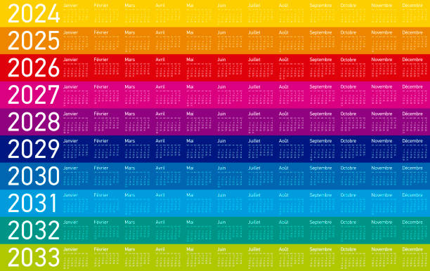 Colorful Calendar for Years 2024 to 2033, in French Colorful Calendar for Years 2024, 2025, 2026, 2027, 2028, 2029, 2030, 2031, 2032 and 2033, in French. In Vector Format. 2026 stock illustrations