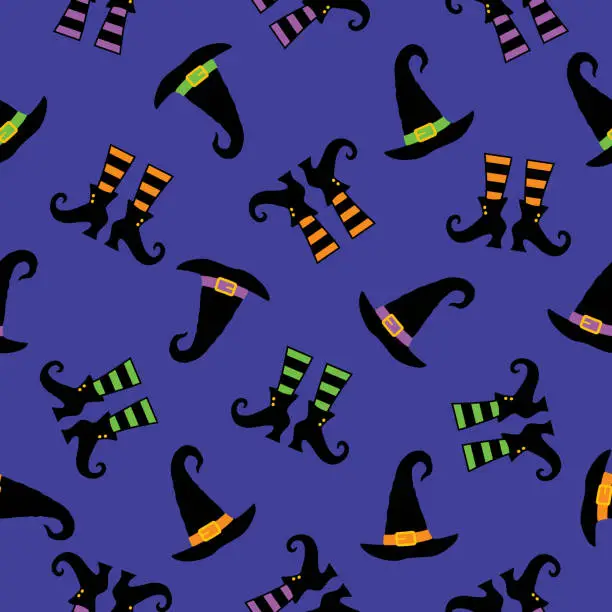 Vector illustration of Witches Hats And Shoes Seamless Pattern