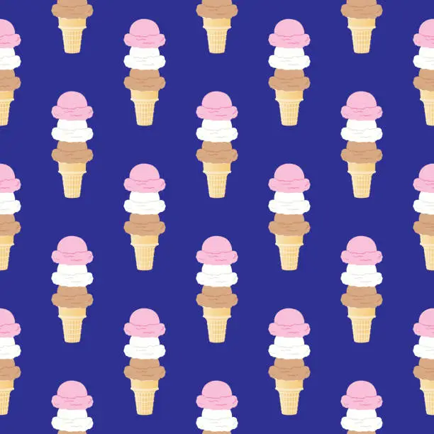 Vector illustration of Three Scoop Ice Cream cone Seamless Pattern