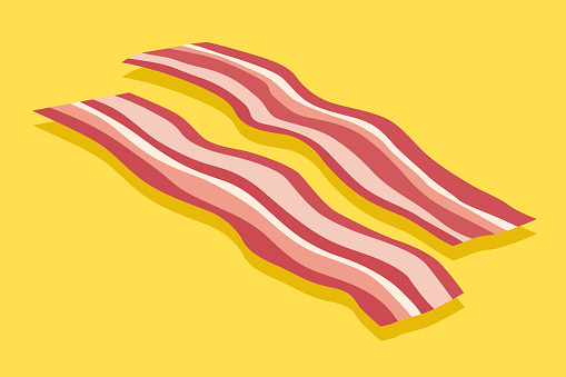 Vector illustration of two strips of bacon on a yellow background.