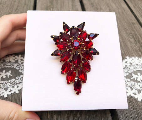 Brooch with red stone for clothes isolated on white background