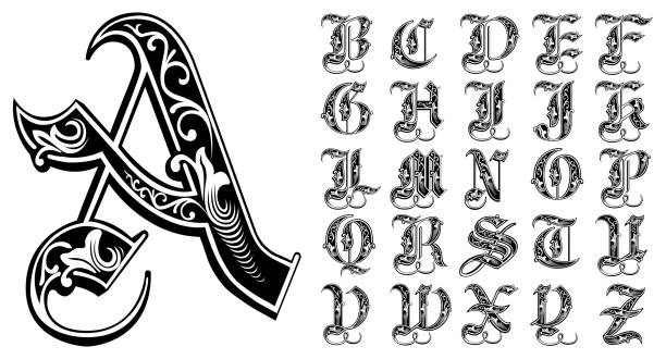 ilustrações, clipart, desenhos animados e ícones de carta medieval. uma fonte de título para monogramas e logotipos. conjunto de alfabetos vintage. - letter o ornate alphabet decoration