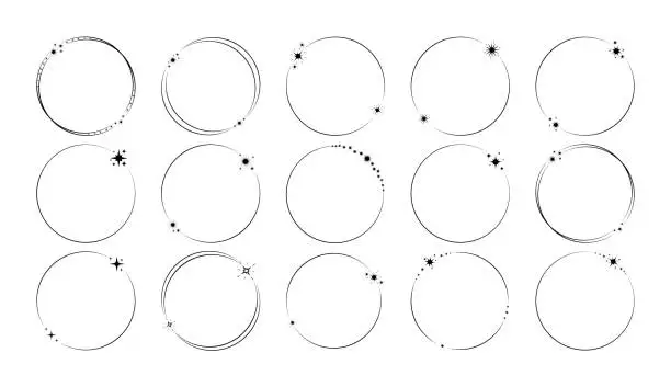 Vector illustration of Modern minimalist aesthetic line elements, trendy y2k linear frames with stars. Star circle frame set. Vector illustration