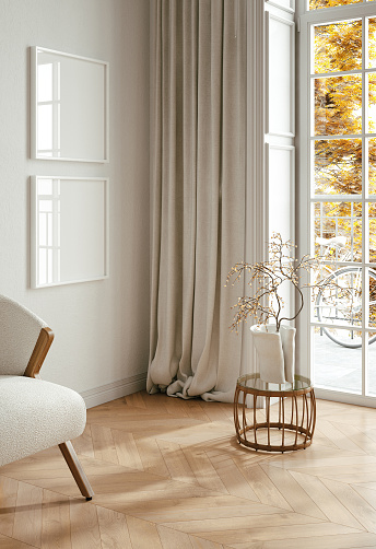 Home mockup, contemporary minimalist living room interior, 3d render