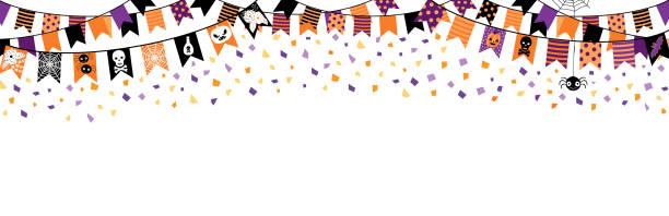 주황색, 검은색, 보라색 색상의 할로윈 파티 멧돼지 깃발이 있는 수평 벡터 배경에는 호박, 거미, 두개골이 있는 인사말 카드, 초대장 - halloween pumpkin bunting backgrounds stock illustrations
