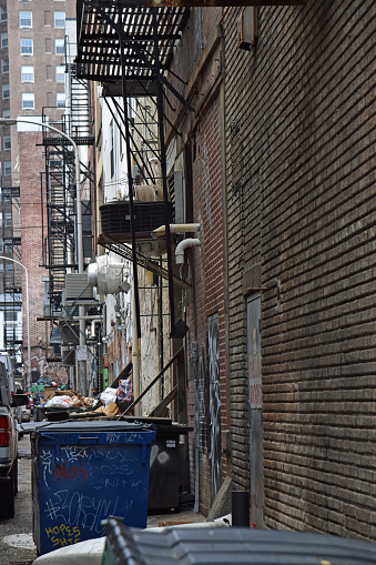 Philadelphia, PA USA - September 21, 2023: Thrashy and dangerous back alleys in center city Philadelphia is sad for the city that signed the Independence Decleration