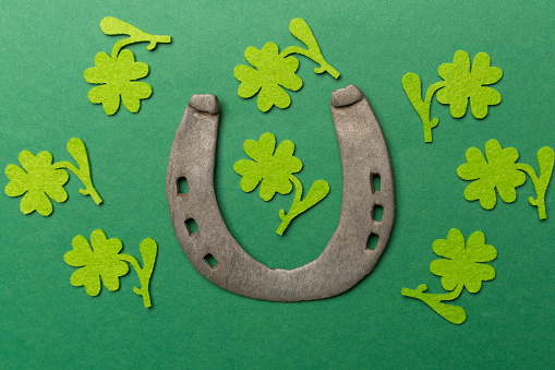 Horseshoe with clover on color background, top view. St. Patricks day concept
