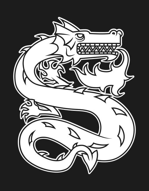 Dragon with fire - cut out vector silhouette Stylized dragon with fire coming out of its mouth - outine cut out silhouette on dark background drawing of chinese dragon sketch stock illustrations