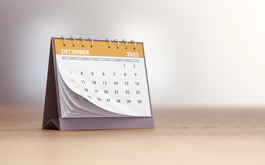 3d render December 2023 Realistic Desk Calendar, Can be used for reminder day, special day concept (Depth Of Field)