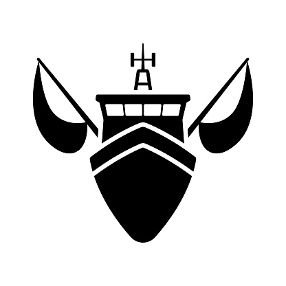 Trawler icon. Ship. Black silhouette. Front view. Vector simple flat graphic illustration. Isolated object on a white background. Isolate.