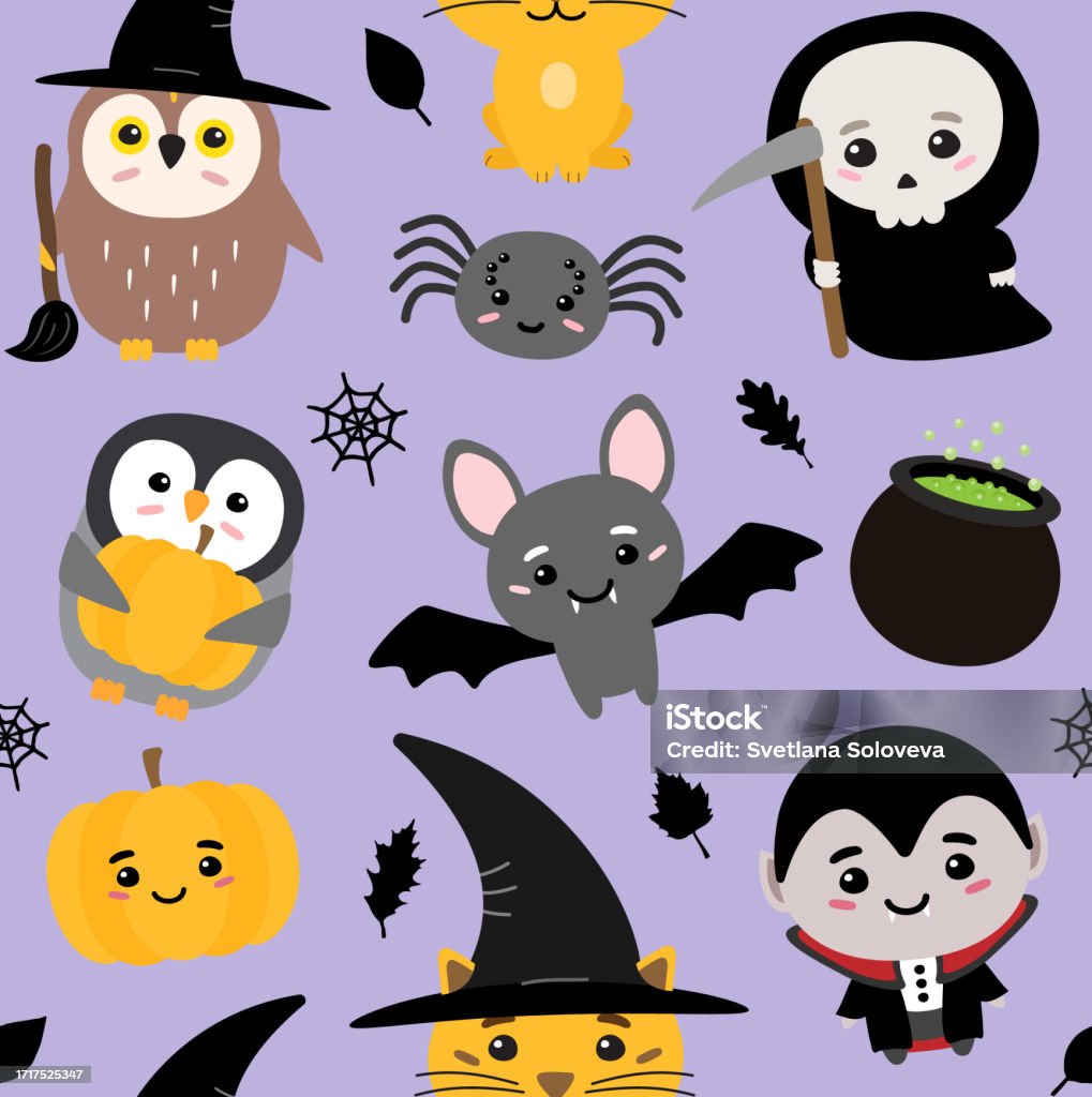 Halloween Character Pattern Vector Seamless Pattern Of Flat Hand Drawn Halloween Characters Stock ...