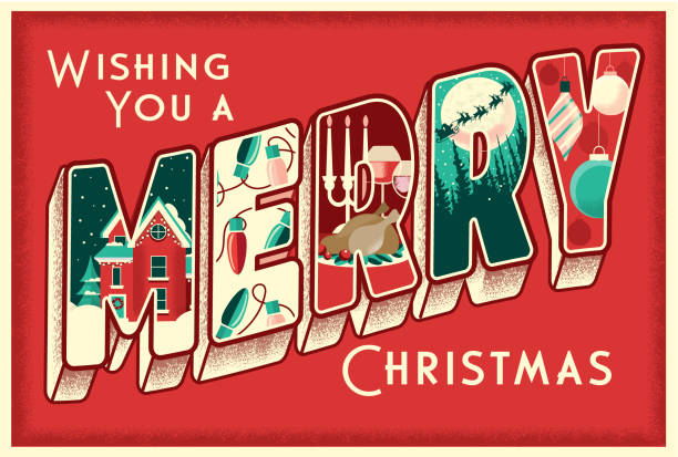 ilustrações, clipart, desenhos animados e ícones de desejando-lhe um design de saudação de feliz natal no estilo de letras 3d de cartão postal vintage com cenas de férias detalhadas em cada carta - christmas winter retro revival landscape