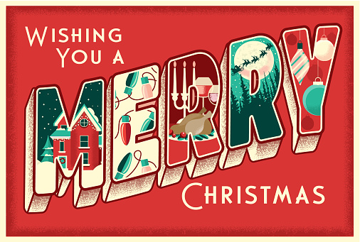 Vector illustration of a Wishing you a Merry Christmas greeting design in vintage postcard lettering style with detailed Holiday scenes in each letter. Victorian house with decorations and snow, Christmas string lights, Christmas dinner with turkey, wine and candle, Santa and reindeer sleigh in winter night landscape sky, retro styled Christmas ornaments. Fully editable vector eps and high resolution jpg in download.