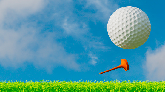 Golf ball and stand in the air after being hit, blue sky with clouds, 3d illustration, horizontal image
