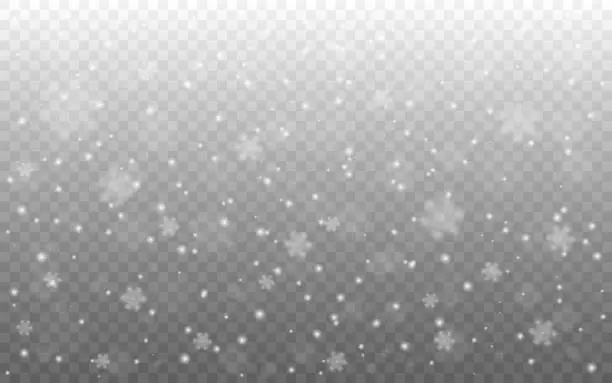 Vector illustration of Snow background. Falling snowflakes. Defocused falling flakes. Winter holiday template. Christmas snowfall texture. White snowy effect. Vector illustration
