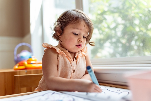 An adorable Eurasian three year old girl sits at a child size table and uses an extra large crayon while coloring in a coloring book.