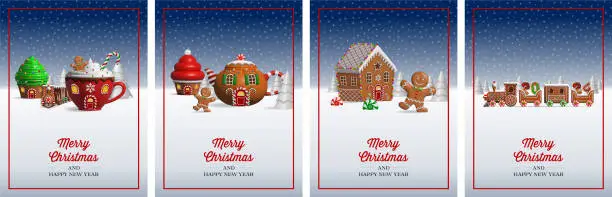 Vector illustration of set of christmas cards with sweets landscape. christmas backgrounds with fantasy landscape