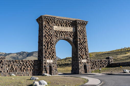 Historic Roosevelt Arch at the North Entrance of Yellowstone National Park, Gardiner Montana