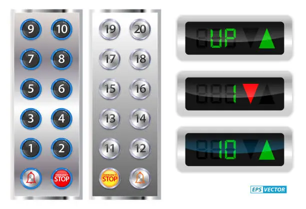 Vector illustration of set of realistic elevators buttons with chrome metal. 3D Render