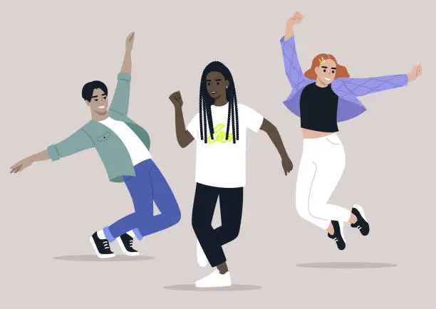 Vector illustration of A diverse group of characters performing a contemporary dance practice collectively