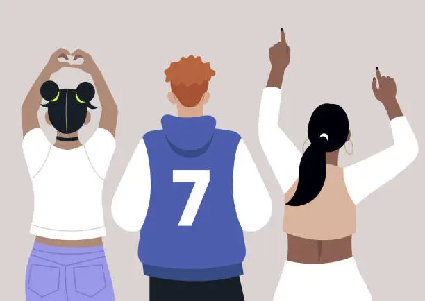 Vector illustration of A group of dancing characters at a college party, enjoying themselves, captured from a rear perspective
