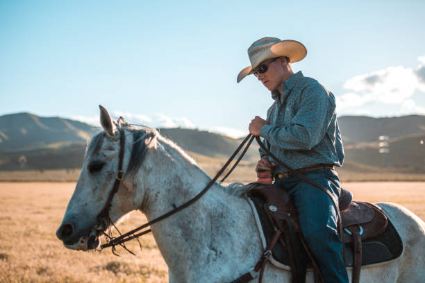 istock Confident Caucasian Cowboy Horseback Riding a White Horse 1717655700