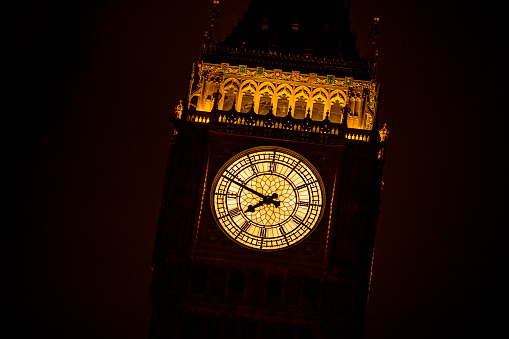 A close-up of the illuminated Big Ben clock face after sunset.