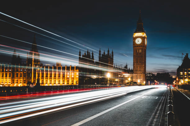 istock Big Ben Clock Tower in London and light trails at twilight 1717688425