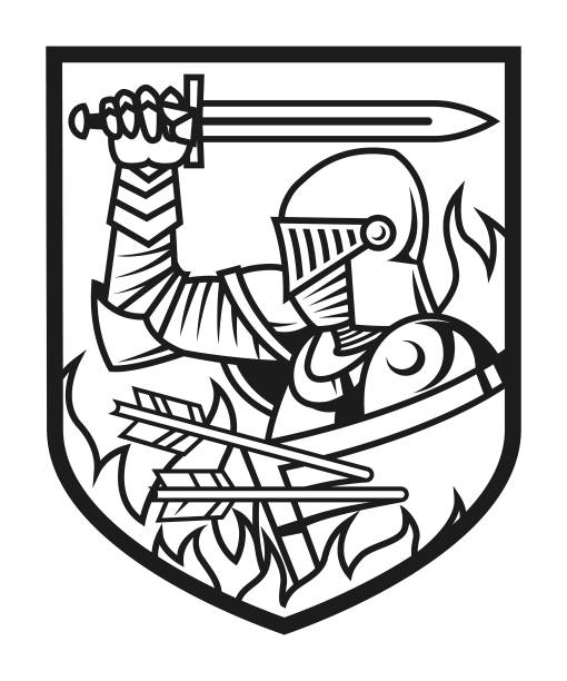 ilustrações de stock, clip art, desenhos animados e ícones de warrior knight in armor with sword and shield - medieval knight helmet suit of armor