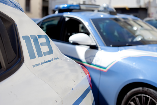 Padua, Italy - September 23, 2023. Police patrol cars  in Padua during security activity. Here Alfa Romeo Giulia, the new italian patrol car.