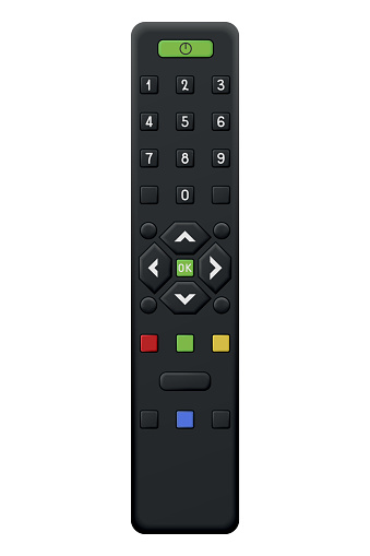 Tv remote control design with buttons. Wireless power media device to switch channel programmes remotely. Universal controller of technology equipment, isolated vector illustration.