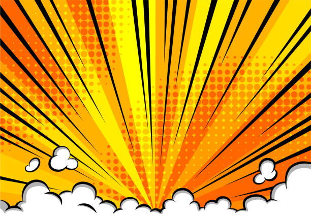 Sunset comic background. Bright pop art with halftone color. Comics book cartoon, magazine cover. Funny retro pattern strip mock up illustration.