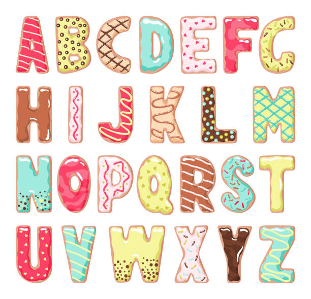 istock Cartoon cookies font set. Vector english ABC baking in colored glaze. Creative gingerbread alphabet design. Childhood sweet biscuit and doughnut. Letters collection 1717735470