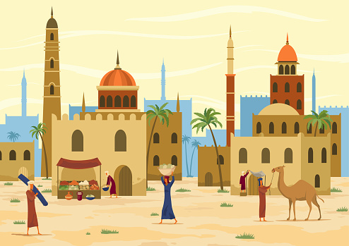 Middle east. Arabic desert landscape with traditional mud brick houses and people. Ancient building on background. Bedouin with camel, man with jug on head. Flat vector illustration.