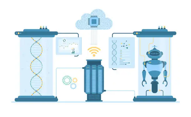 Vector illustration of Automation services, technology of robot production by automated laboratory equipment